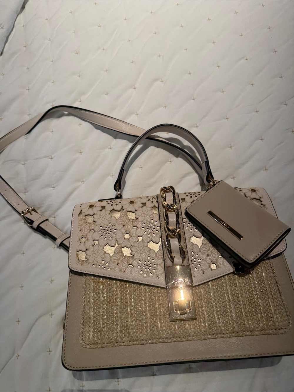Aldo Beige Floral Laser-Cut Top-Handle Satchel with Chain Accent
